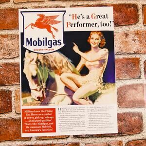 1940 Mobilgas Print Ad Retro Pin-Up Girl and Pegasus Gasoline 9.5x12.75‎ Vtg